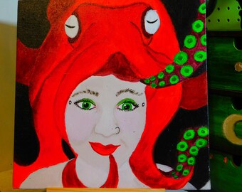 Green-Eyed Red Octopus Woman Cthulhu Art- Original Acrylic Painting - Octopus Wall Decor