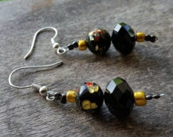 Handmade vintage black fused glass beads and black glass bead earrings on silvertone shepherd hooks