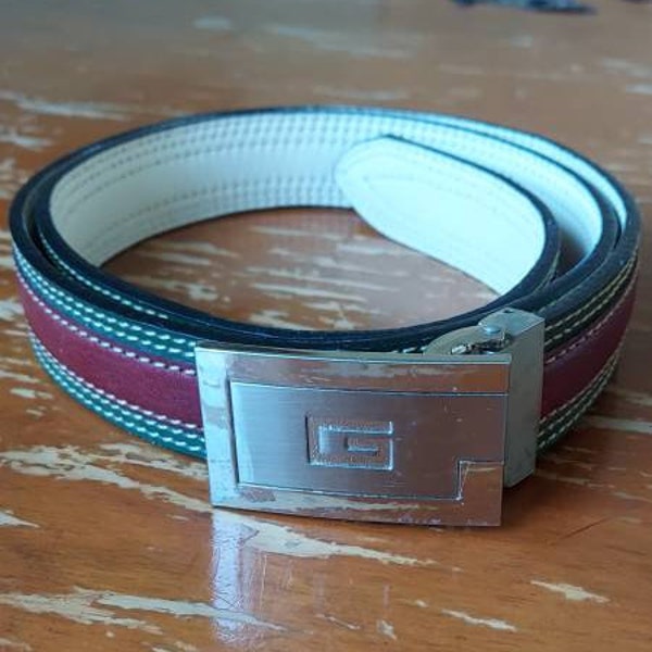 Vintage leather belt, solid brass buckle belt, green red leather belt, G Belt buckle, retro mens belt, vintage mens belt, vintage belt