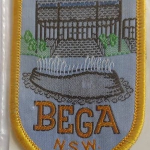 Bega NSW tygmärke, Bega tygmärke, Bega NSW tygmärke, Bega souvenir tygmärke, vintage Bega NSW tygmärke, Bega sydkusten