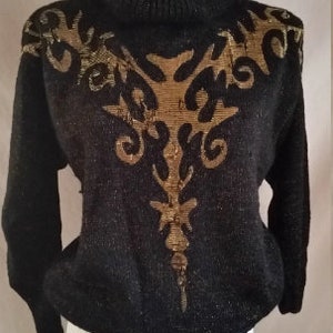 90s jumper, 90s sweater, vintage flame jumper, vintage black gold sweater, Jacques Vert, cowl neck jumper with flame design size medium