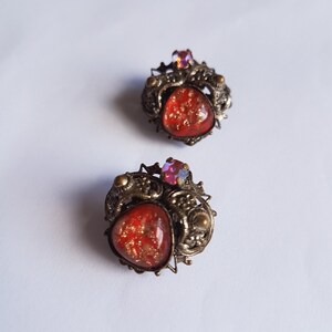 Ohrringe Vintage atemberaubende Lava Blut orangefarbenen Stein Statement Glamour schönen Clip auf dem Rücken Kostümschmuck