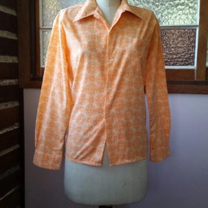 Groovy orange retro psychedelic shirt, vintage patterned top, orange cotton patterned retro  long sleeved shirt size 12 chest 110cm