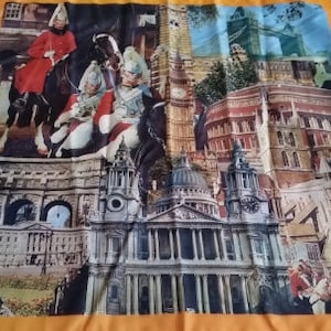 Photo print London scarf with yellow border, Queens Guards, Buckingham Palace, London Bridge, Big Ben, souvenir from London