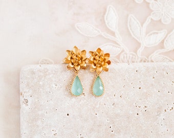 Mint bridal earrings, gold drop earrings, waterlily drop earrings, bridesmaid earrings, summer wedding jewellery, bridal jewellery