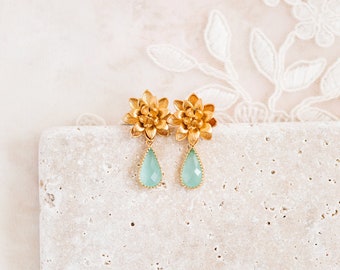 Mint Braut Ohrringe, Gold Tropfen Ohrringe, Wasserlily Tropfen Ohrringe, Brautjungfern Ohrringe, Sommer Hochzeit Schmuck, Brautschmuck