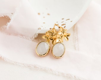 Gold flower earrings, gold stud earrings, white opal earrings, wedding jewelry, bridesmaid gift, gold earrings, gold drop earrings