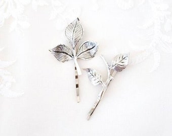 Woodland bobby pins, leaf hair pins, silver bobby pins, silver wedding hair pins, leaf hair clip, silver leaf hair pins, woodland wedding