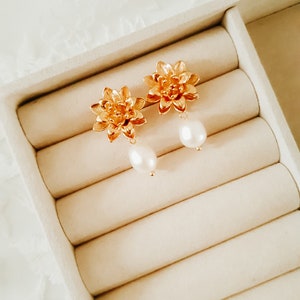 Pearl drop earrings Gold pearl wedding earrings Floral pearl earrings Pearl wedding jewellery Gold wedding earrings Flower earring image 6