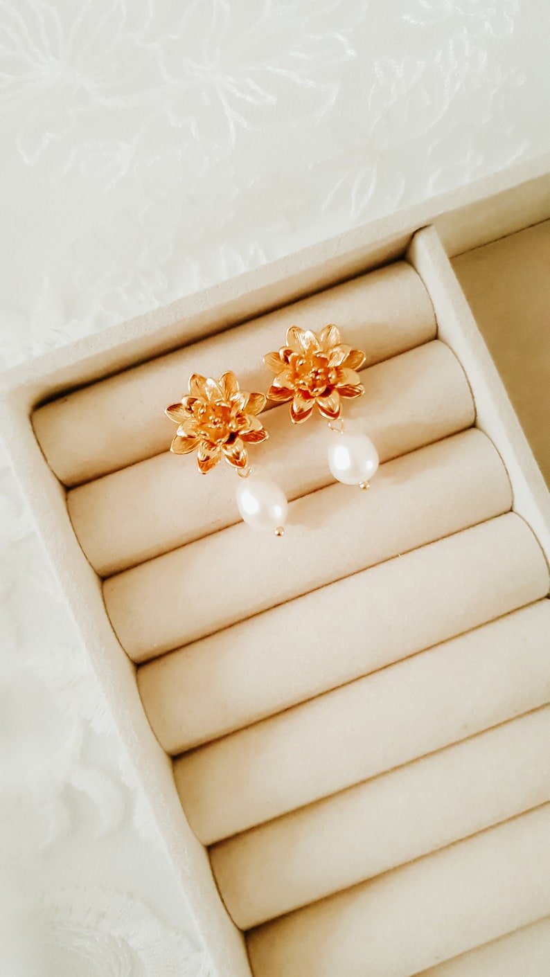 Pearl drop earrings Gold pearl wedding earrings Floral pearl earrings Pearl wedding jewellery Gold wedding earrings Flower earring image 6