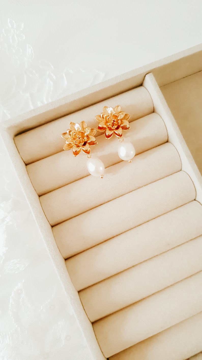 Pearl drop earrings Gold pearl wedding earrings Floral pearl earrings Pearl wedding jewellery Gold wedding earrings Flower earring image 4