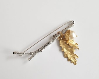 Broche de bosque, broche de hoja de oro, broche de roble, broche rústico, broche de naturaleza, joyería inspirada en la naturaleza, broche de hoja, joyería de ramita