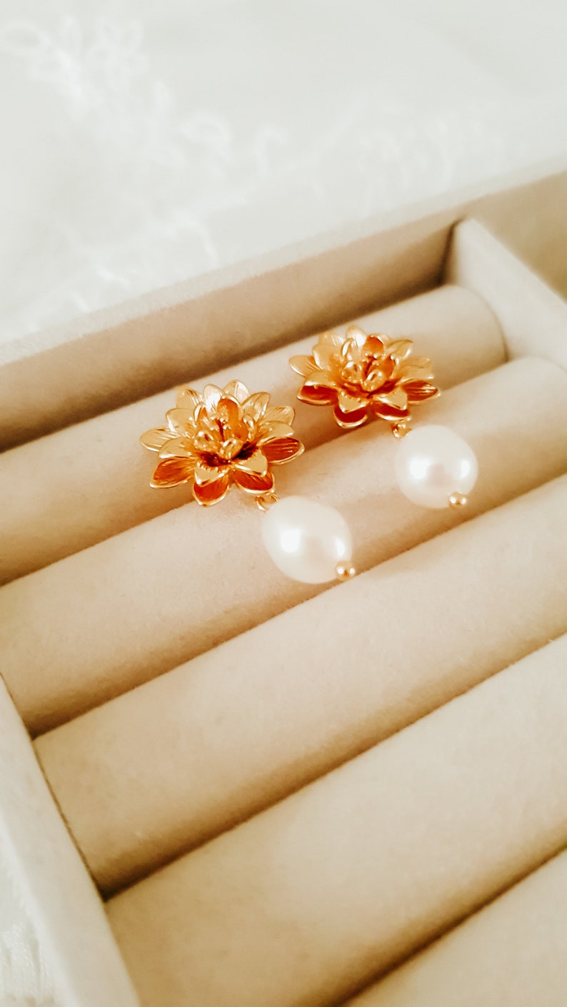 Pearl drop earrings Gold pearl wedding earrings Floral pearl earrings Pearl wedding jewellery Gold wedding earrings Flower earring image 8