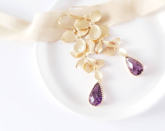 Dusty purple wedding earrings, purple bridesmaid's earrings, floral wedding earrings, long gold earrings, gold flower earrings