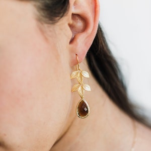 Brown earrings, gold and brown earrings, gold leaf earrings, long gold earrings, gold drop earrings, brown drop earrings, glass drop earring image 3