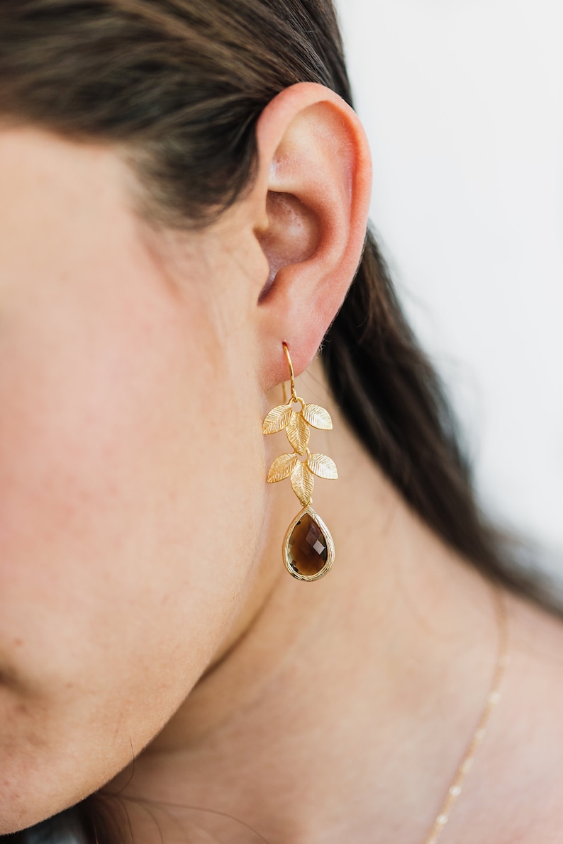 Brown earrings, gold and brown earrings, gold leaf earrings, long gold earrings, gold drop earrings, brown drop earrings, glass drop earring image 3