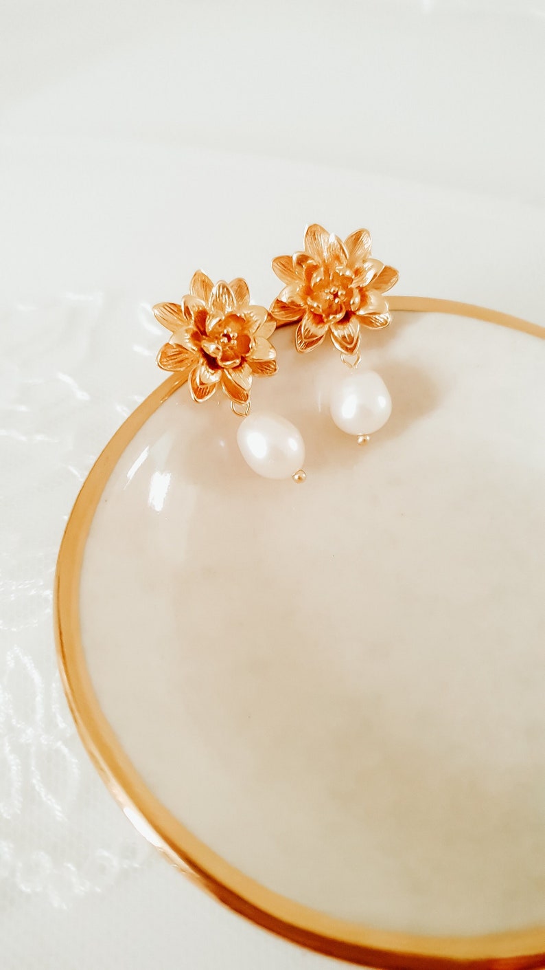 Pearl drop earrings Gold pearl wedding earrings Floral pearl earrings Pearl wedding jewellery Gold wedding earrings Flower earring image 1