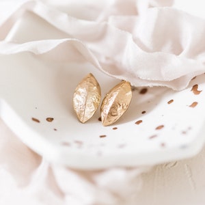 Leaf stud earrings, gold leaf studs, gold stud earrings, small gold leaf earrings, small stud earrings, gold earrings, cute earrings image 2