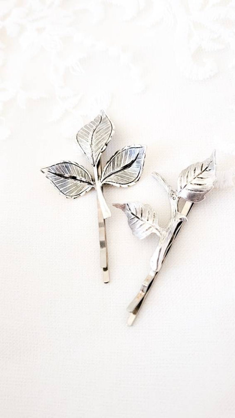 Woodland bobby pins, leaf hair pins, silver bobby pins, silver wedding hair pins, leaf hair clip, silver leaf hair pins, woodland wedding image 3