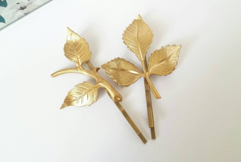 Woodland bobby pins, leaf hair pins, gold bobby pins, gold hair accessory, leaf hair clip, gold leaf hair pins, woodland wedding image 1