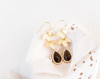 Brown earrings, gold and brown earrings, gold leaf earrings, long gold earrings, gold drop earrings, brown drop earrings, glass drop earring