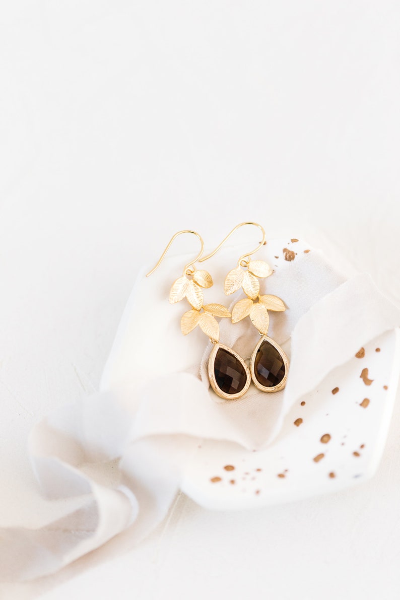 Brown earrings, gold and brown earrings, gold leaf earrings, long gold earrings, gold drop earrings, brown drop earrings, glass drop earring image 1