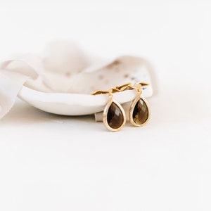Brown earrings, gold and brown earrings, gold leaf earrings, long gold earrings, gold drop earrings, brown drop earrings, glass drop earring image 2