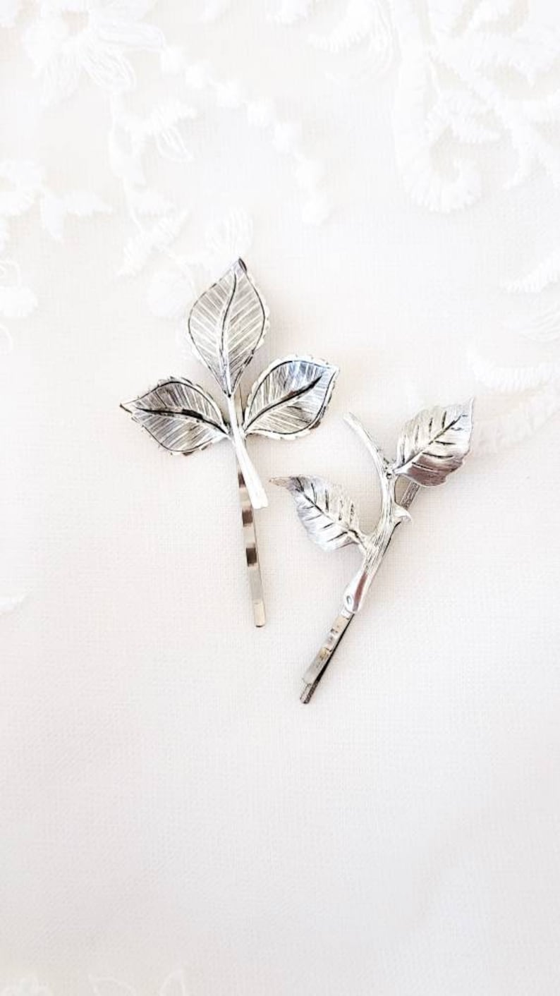 Woodland bobby pins, leaf hair pins, silver bobby pins, silver wedding hair pins, leaf hair clip, silver leaf hair pins, woodland wedding image 2