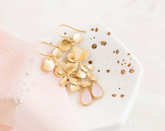 Gold flower earrings, pink drop earrings, long orchid earrings, cascading earrings,  gold drop earrings, crystal earrings, long drop earring