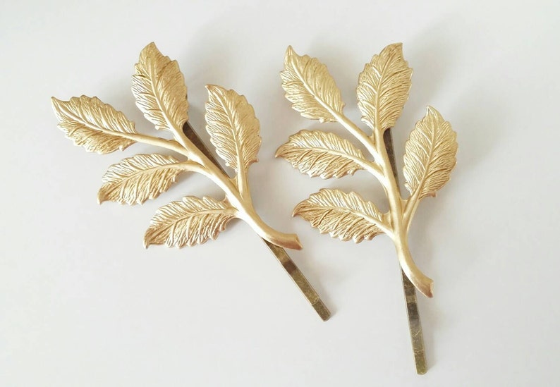 Hair pin, gold hair pin, wedding hair clip, leaf hair pin, gold leaf hair accessory, gold bobby pins, woodland hair pin, leaf hair clip image 1