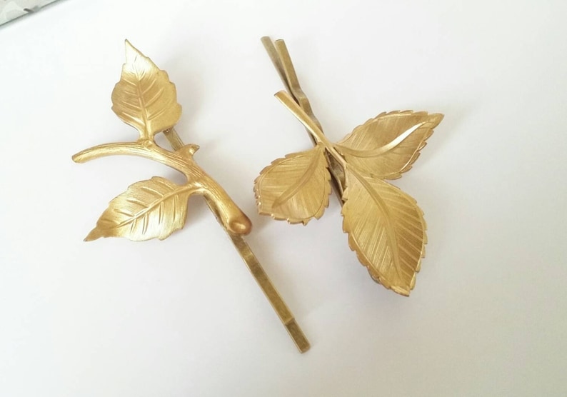 Woodland bobby pins, leaf hair pins, gold bobby pins, gold hair accessory, leaf hair clip, gold leaf hair pins, woodland wedding image 2