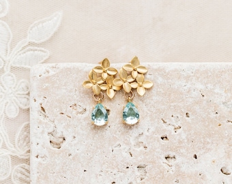 Gold flower earrings - Gold earrings - Gold stud earrings - Aqua blue earrings - Aqua blue drop earrings - Nature inspired jewellery