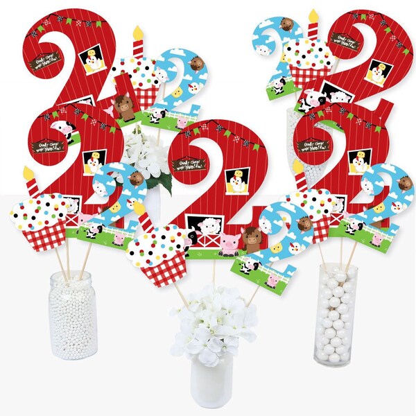 2nd Birthday Farm Animals - Centerpiece Sticks - Barnyard Table Toppers - Farm Animals Second Birthday Party Supplies - 15 Ct.