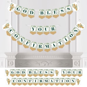 May include: A burlap banner with green leaves and white crosses reads "God Bless Your Confirmation".