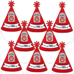 Fired Up Fire Truck - Mini Cone Firefighter Firetruck Baby Shower or Birthday Party Hats - Small Little Party Hats - Set of 8