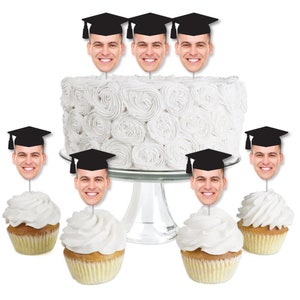 Grad Cap Fun Face Cutout Dessert Cupcake Toppers - Custom Graduation Photo Head Cut Out Clear Treat Picks - Upload 1 Photo - Set of 24