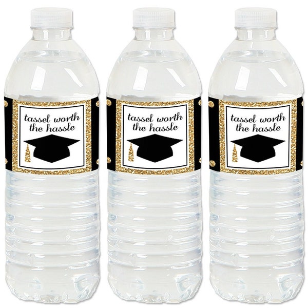 Tassel Worth The Hassle - Gold Graduation Party Water Bottle Sticker Labels - Set of 20