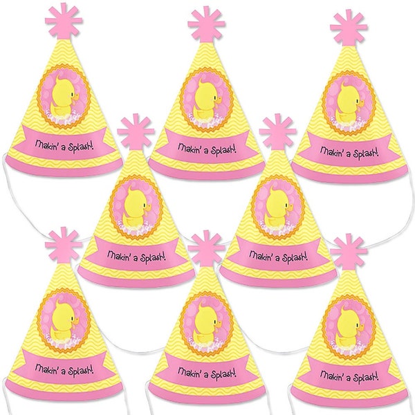 Pink Ducky Duck - Mini Cone Baby Shower or Birthday Party Hats - Small Little Party Hats - Set of 8