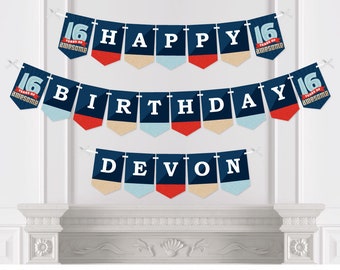 Personalized Boy 16th Birthday - Custom Sweet Sixteen Birthday Party Bunting Banner and Decorations - Happy Birthday Custom Name Banner