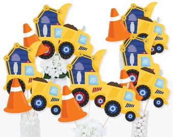 Construction Truck - Centerpiece Sticks - Boy Baby Shower Table Toppers - Construction Theme Birthday Party Supplies - Set of 15