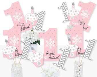 Pink ONEderland - Snowflake Winter Wonderland First Birthday Party Centerpiece Sticks - Table Toppers - Set of 15