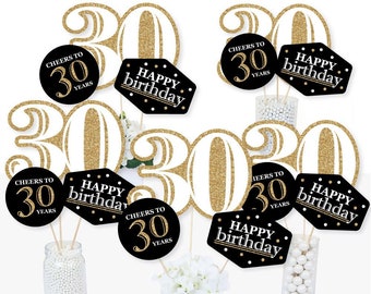 Adult 30th Birthday - Gold - Centerpiece Sticks - Black and Gold Birthday Party Table Toppers - 30th Birthday Centerpiece Supplies - 15 Ct.