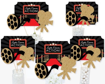 Red Carpet Hollywood - Centerpiece Sticks - Movie Night Party Table Toppers - Red Carpet Themed Birthday Party Supplies - Set of 15