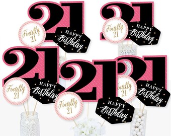 Finally 21 Girl Birthday - Centerpiece Sticks - Pink, Black and Gold Birthday Party Table Toppers - 21st Birthday Party Supplies - 15 Ct.