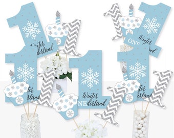 ONEderland - Snowflake Winter Wonderland First Birthday Party Centerpiece Sticks - Table Toppers - Set of 15