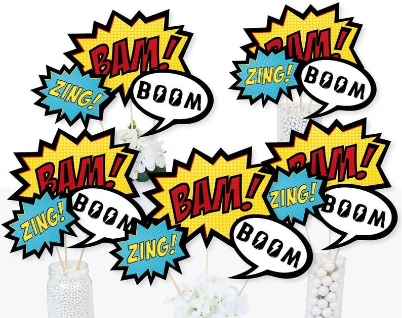 BAM Superhero Centerpiece Sticks Superhero Baby Shower Table Toppers Superhero Birthday Party Supplies Comic Strip Theme 15