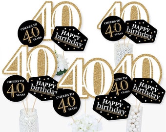 Adult 40th Birthday - Gold - Centerpiece Sticks - Black and Gold Birthday Party Table Toppers - 40th Birthday Centerpiece Supplies - 15 Ct.