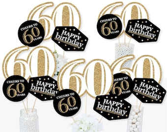 Adult 60th Birthday - Gold - Centerpiece Sticks - Black and Gold Birthday Party Table Toppers - 60th Birthday Centerpiece Supplies - 15 Ct.