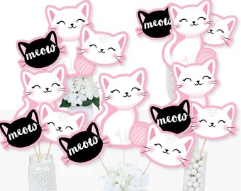 Purr-fect Kitty Cat - Centerpiece Sticks - Kitten Meow Baby Shower Table Toppers  Kitty Birthday Party Supplies - Table Toppers - 15 Ct