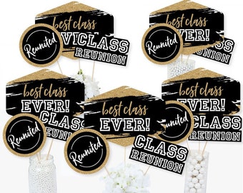May include: Black and gold glitter class reunion party decorations. The decorations feature the text "best class ever!" and "class reunion".